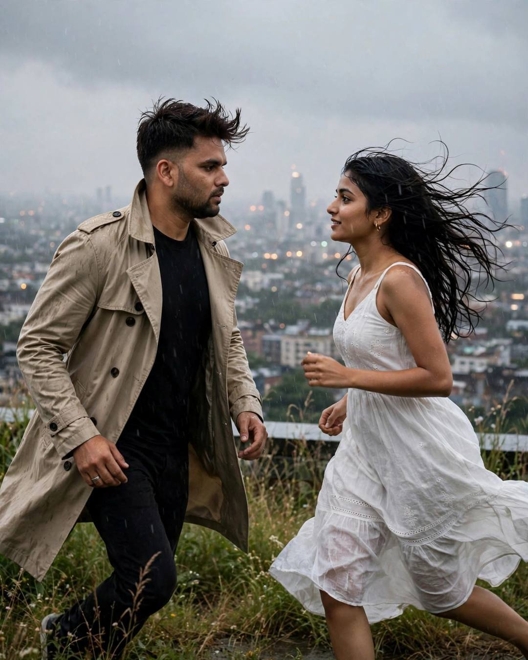 AI couple portrait of a man in a beige trench coat and a woman in a white dress running toward each other in rain above city lights