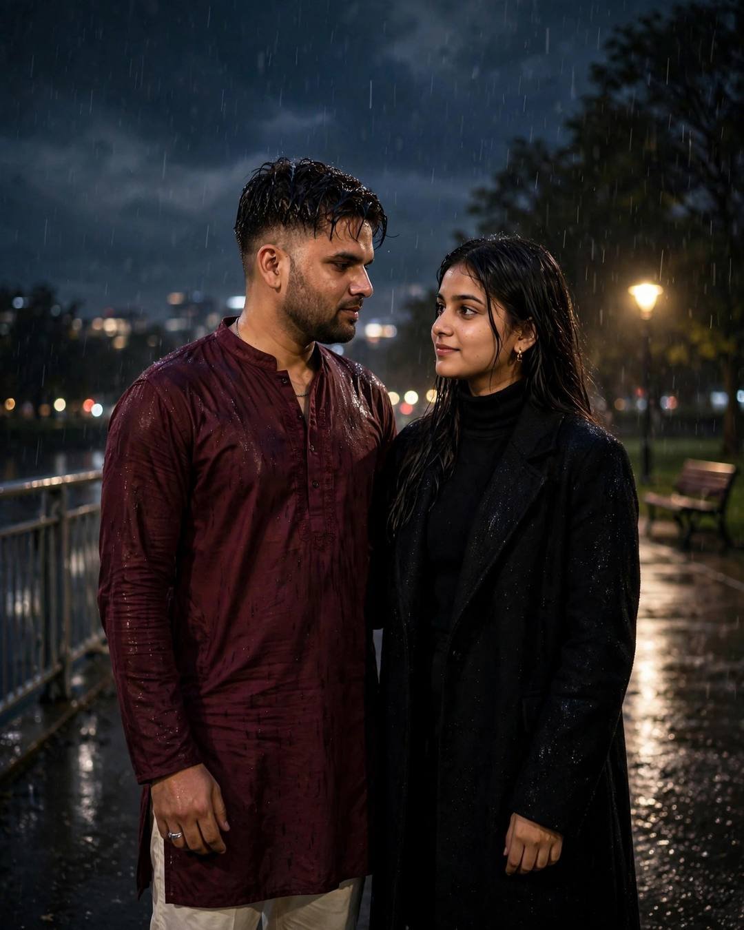 AI couple portrait of a man in a maroon kurta and a woman in a black coat standing close on a rainy bridge at night under a streetlamp