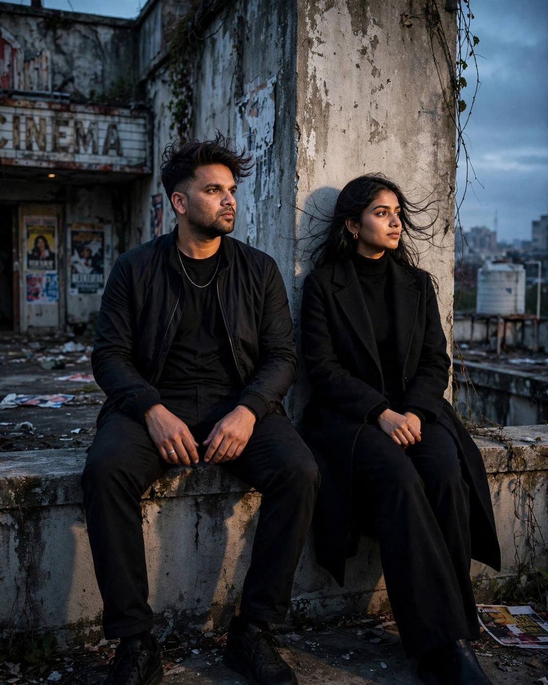 AI couple portrait of a man in black streetwear and a woman in a black coat sitting against an abandoned cinema wall at blue hour
