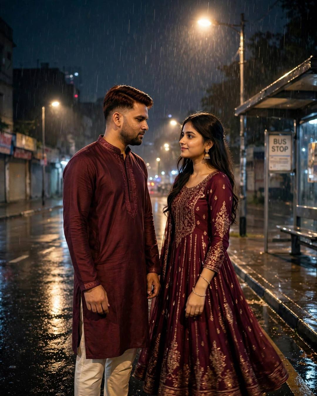 AI couple portrait of a man in a maroon kurta and a woman in a maroon anarkali standing close on a rainy street at night
