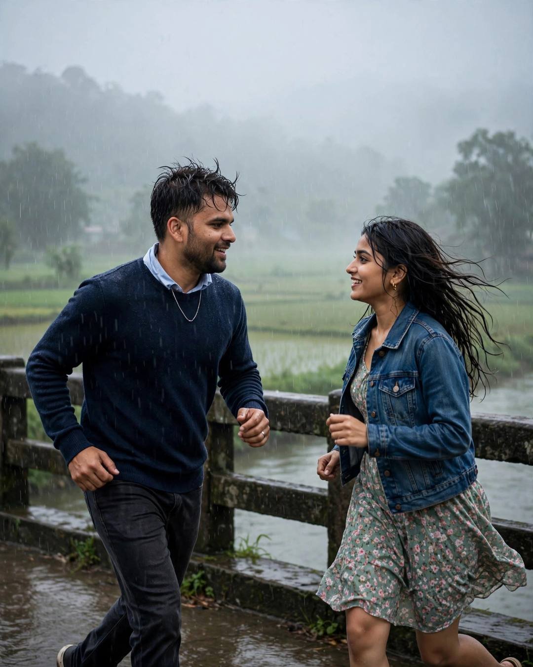 AI couple portrait of a man in a navy sweater and a woman in a denim jacket running toward each other on a bridge in heavy monsoon rain