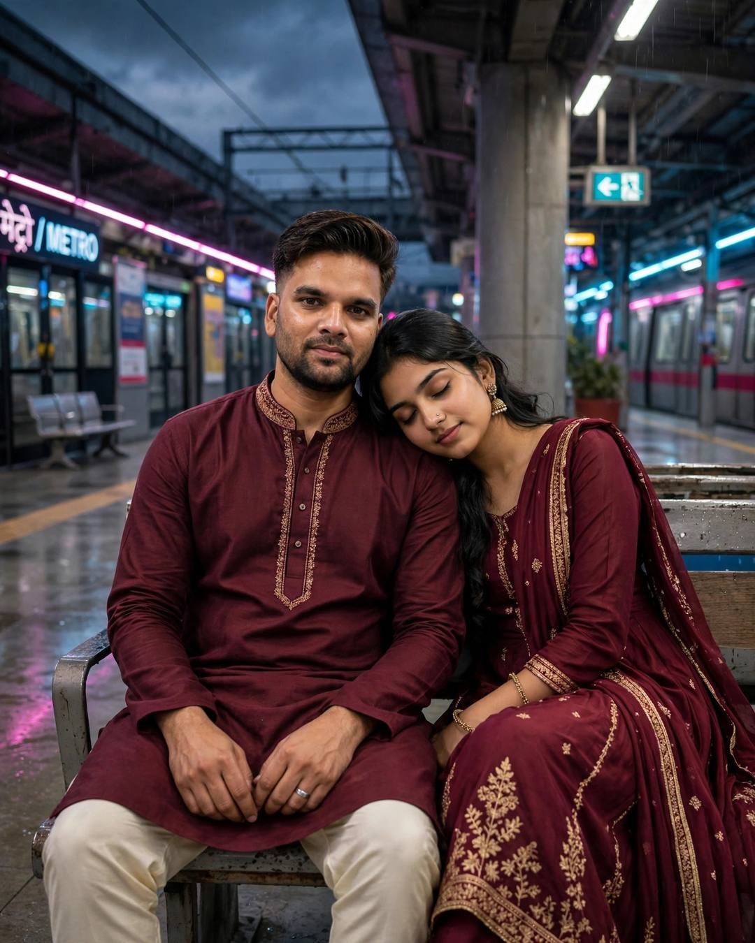 AI couple portrait of a man in a maroon kurta and a woman in a maroon anarkali sitting close on a metro station bench at night, her head on his shoulder