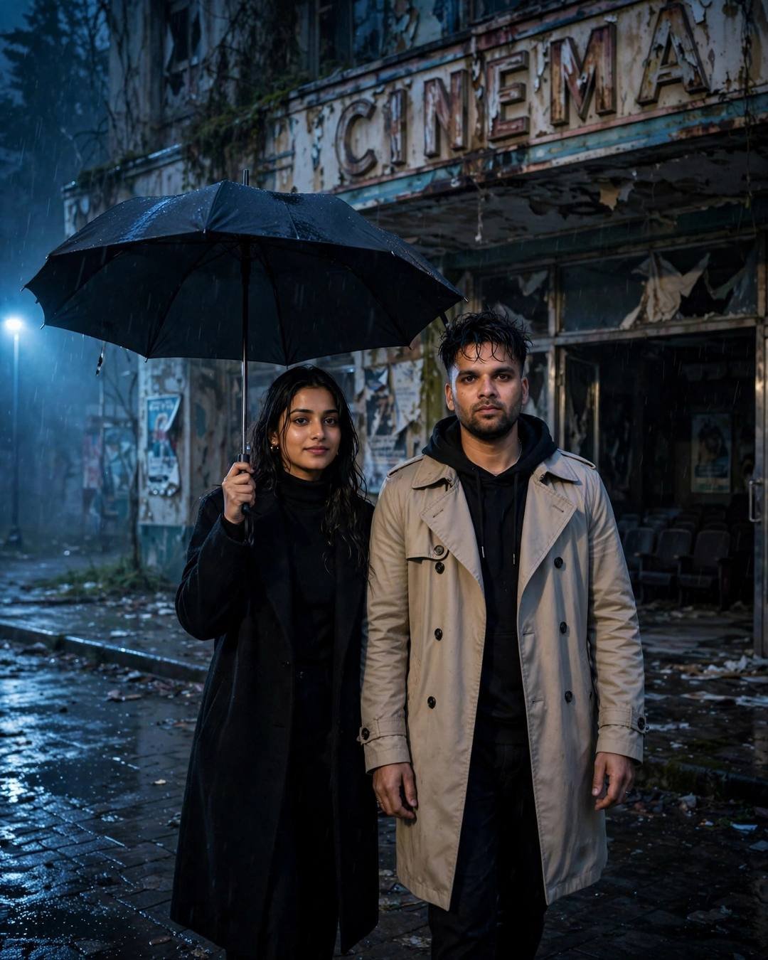 AI couple portrait of a man in a beige trench coat and a woman in a black coat standing under one umbrella outside an abandoned cinema at night