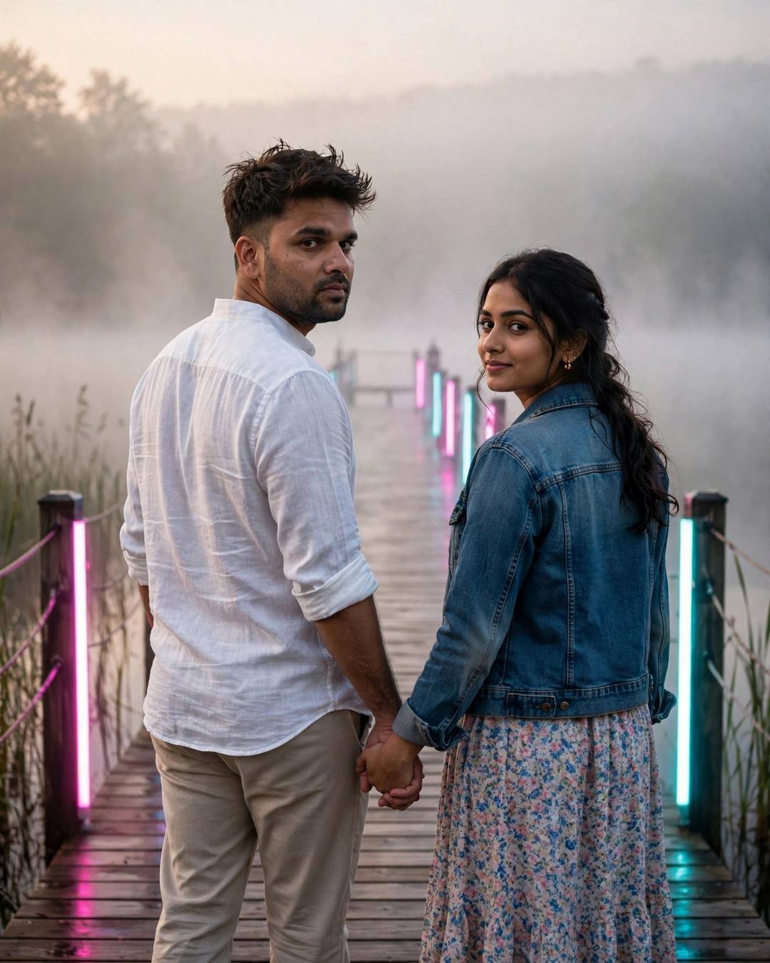AI couple portrait of a man in a white linen shirt and a woman in a denim jacket walking hand in hand on a foggy neon-lit pier at dawn