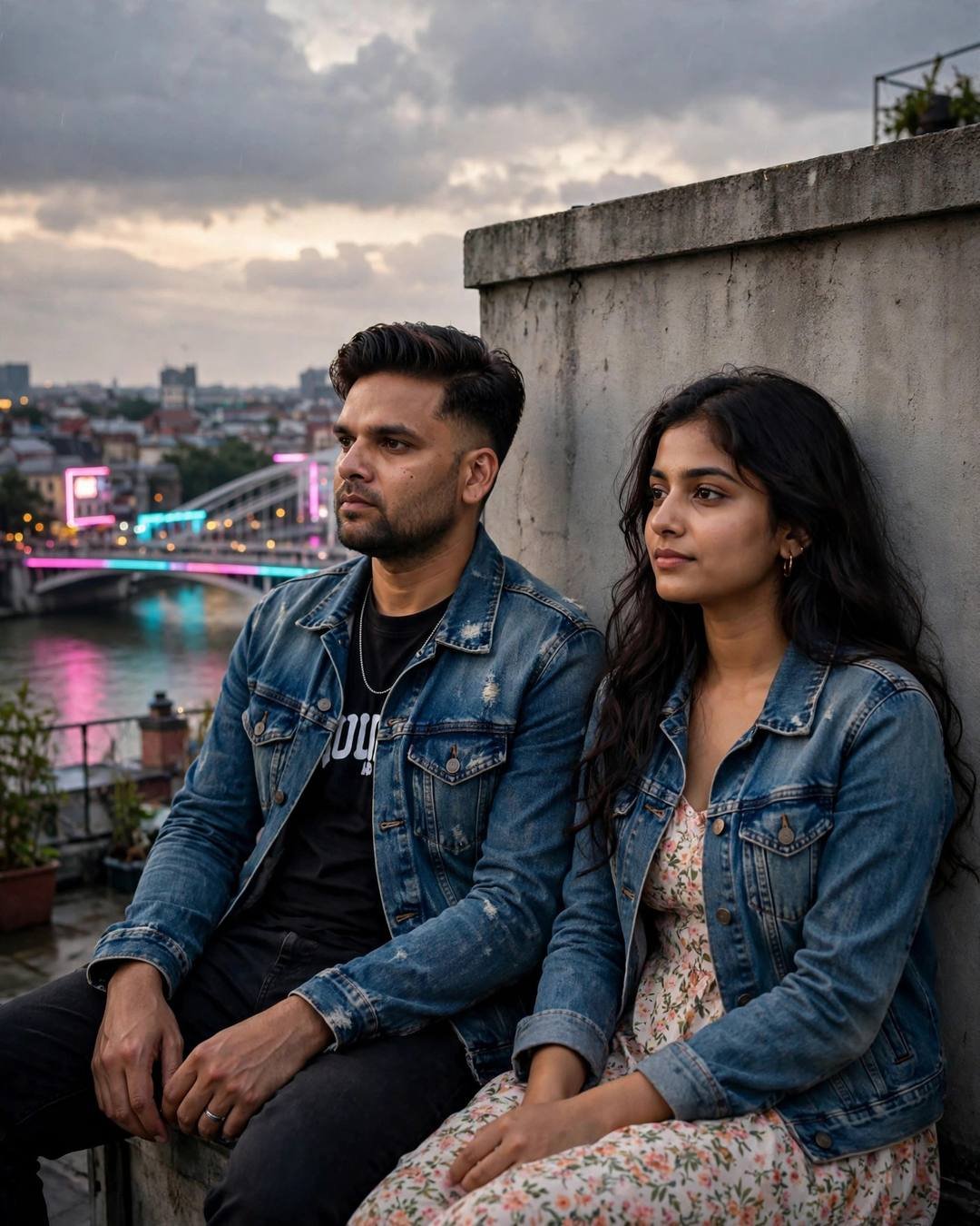 AI couple portrait of a man and woman in denim jackets sitting side by side on a rooftop at golden hour with a neon-lit bridge behind