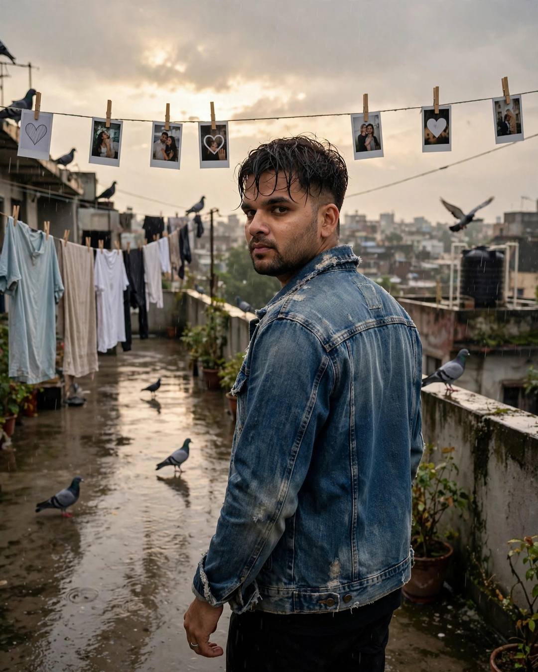 AI portrait of a young Indian man in a denim jacket turning back to the camera on a rain-wet rooftop terrace with polaroids on a line