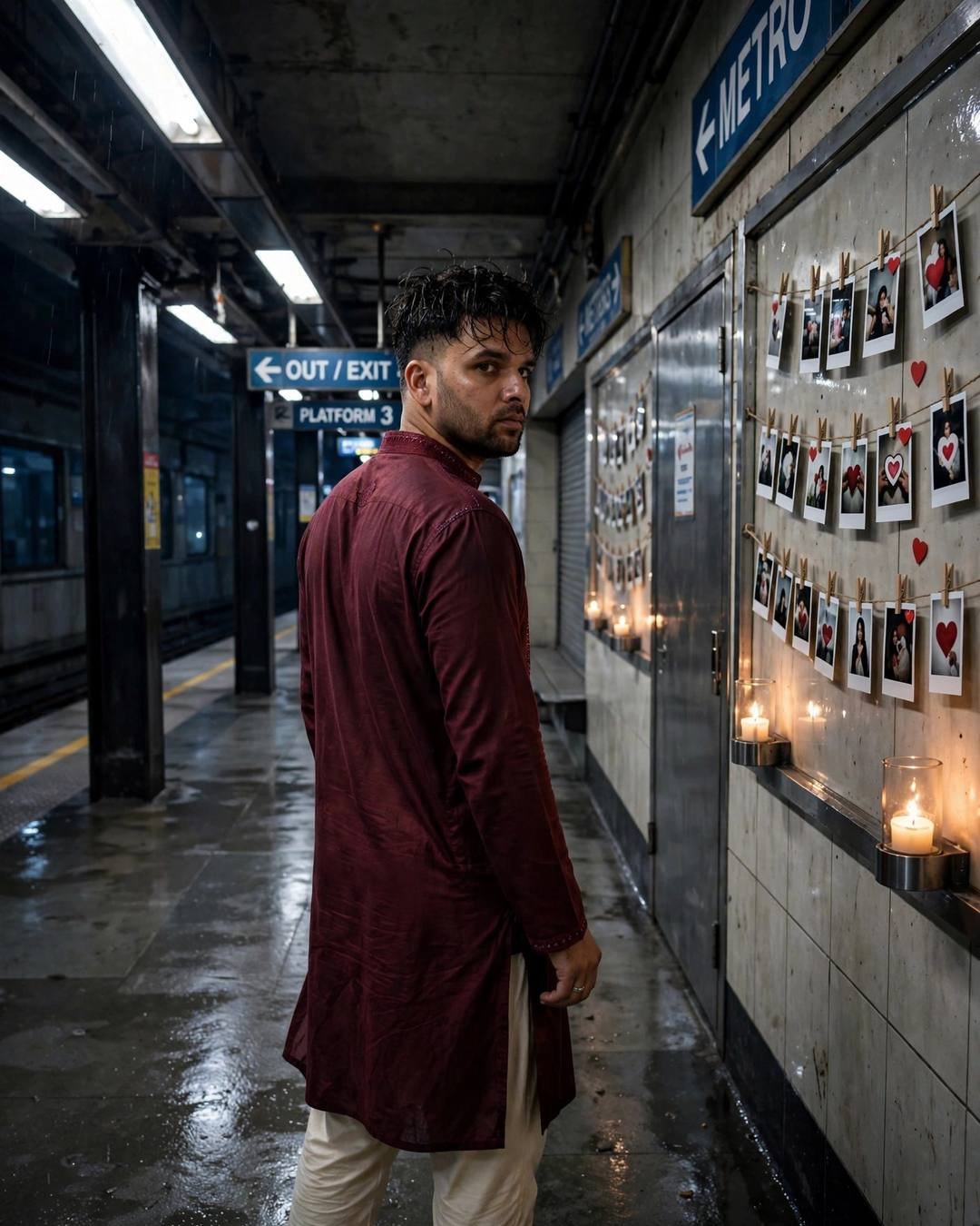 AI portrait of a young Indian man in a maroon kurta standing before a candlelit wall of polaroid photos at a metro station