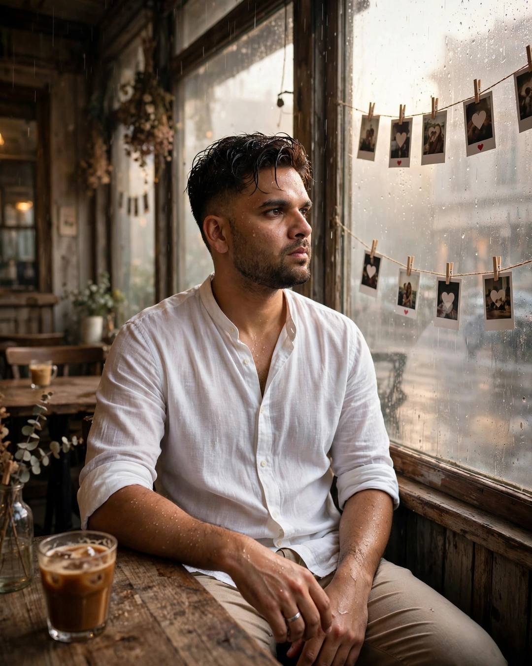 AI portrait of a young Indian man in a white linen shirt sitting at a cafe table by a fogged rainy window with polaroid photos