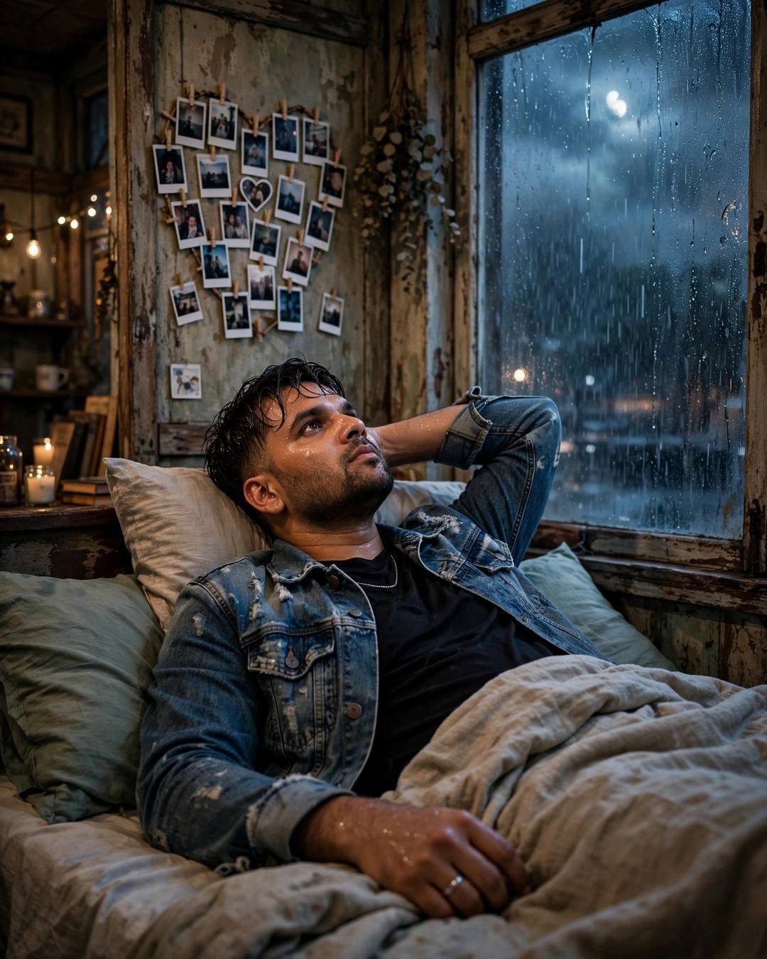 AI portrait of a young Indian man in a denim jacket lying on a bed staring at the ceiling, monsoon rain and moonlight on the window