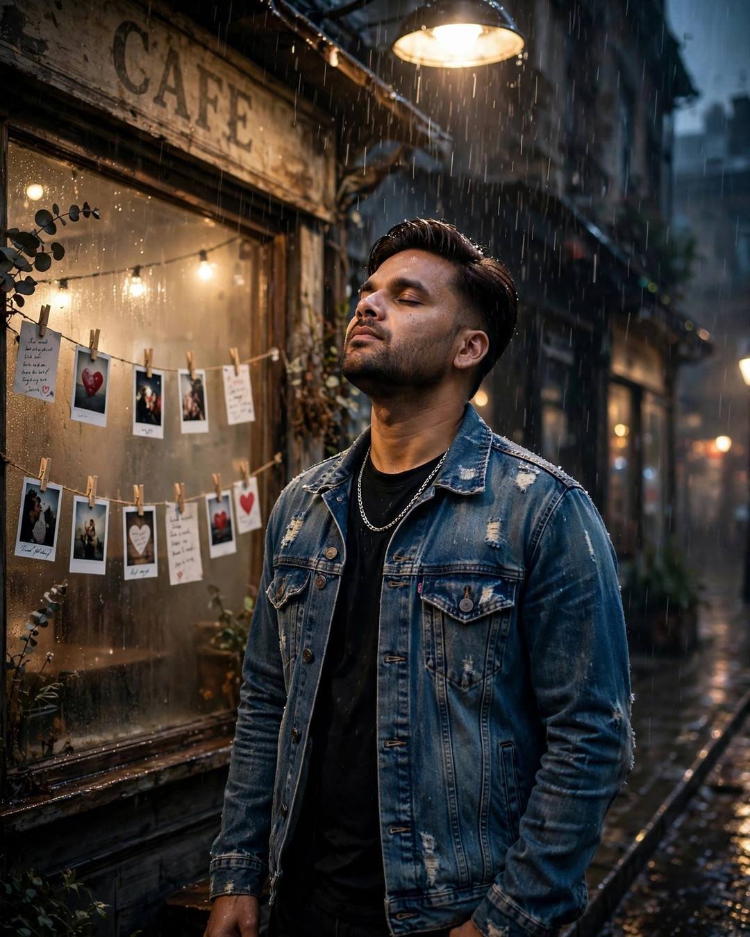 AI portrait of a young Indian man in a denim jacket standing under a streetlamp in the rain, face lifted to the sky