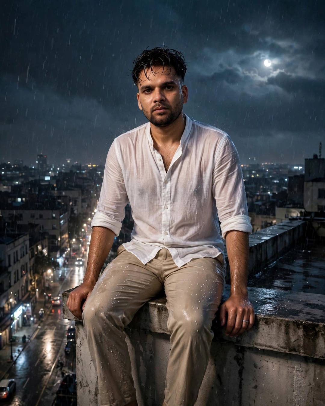 Young man in a white linen shirt sitting on a rain-wet rooftop ledge at midnight, moonlit clouds, city below