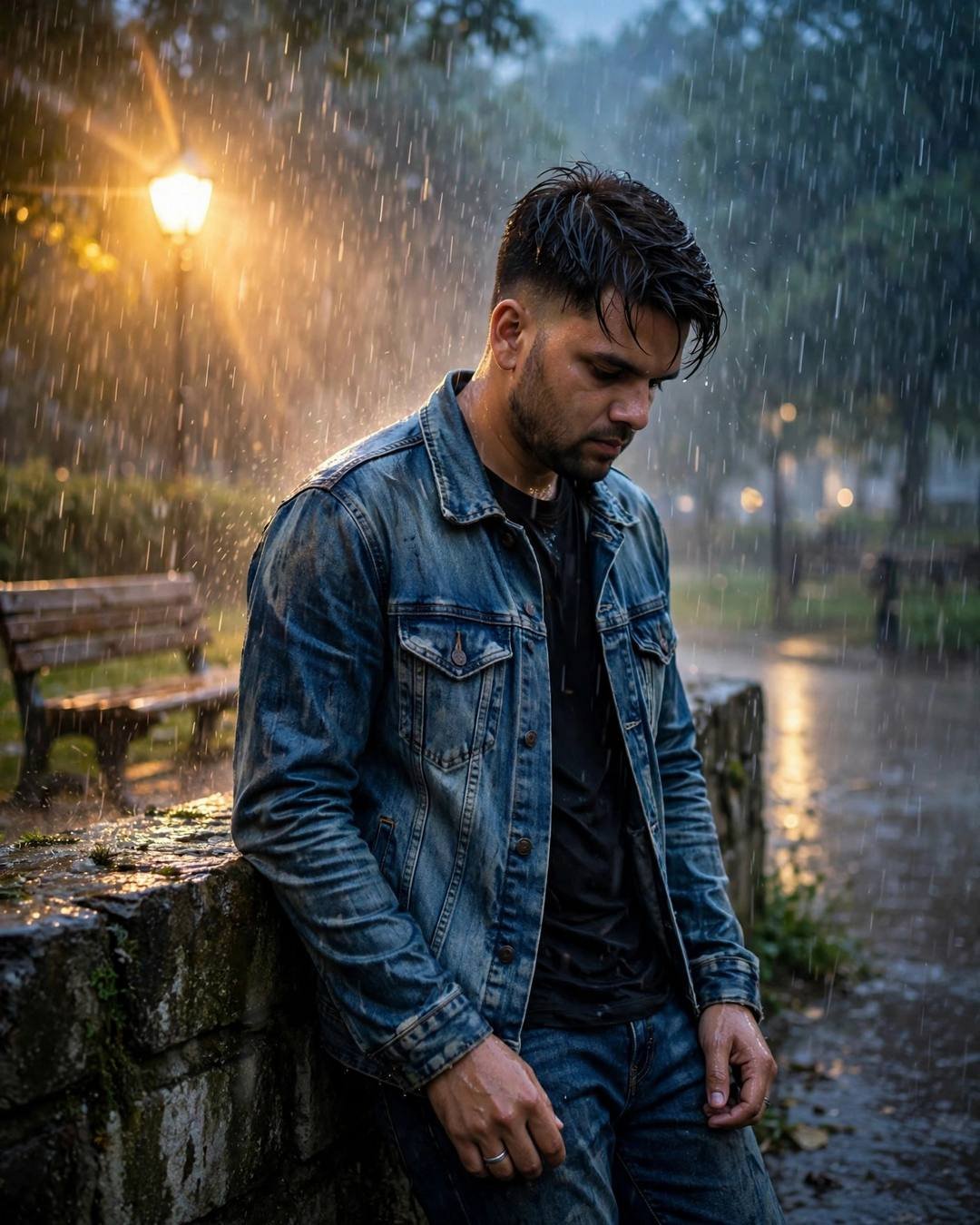 Young man in a denim jacket leaning against a stone wall in heavy rain at blue hour, park lamp glowing behind