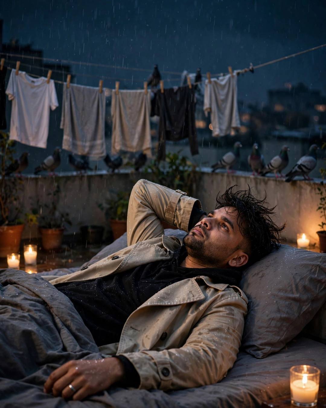 Young man in a beige trench coat lying on a bed on a rain-drizzled terrace at night, clothes lines and pigeons above, candles glowing
