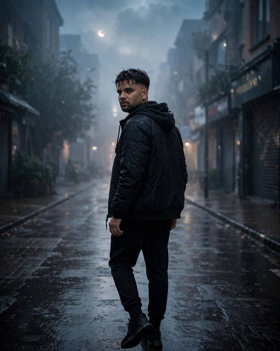 Young man in all-black streetwear walking away down a foggy rain-soaked street at dawn, moonlit