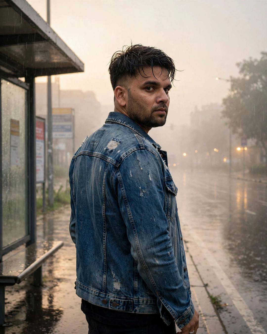 Young man in a denim jacket at a rain-wet bus stop at dawn, back to camera, looking over his shoulder through fog
