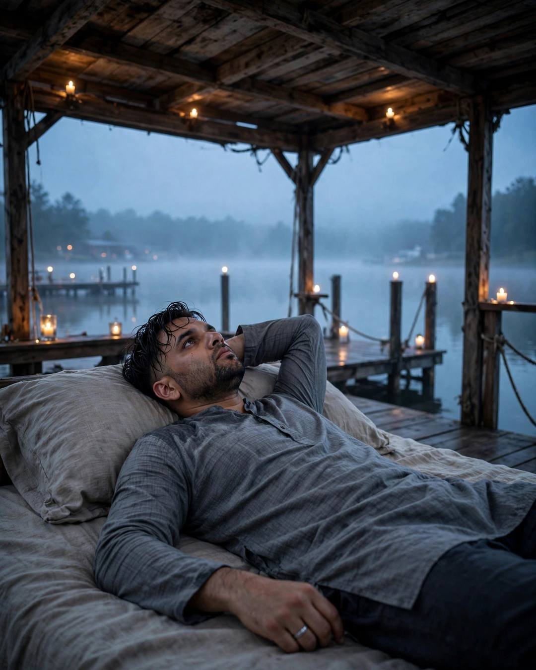 AI portrait of a young Indian man in a grey kurta lying on a bed on a wooden lake pier at dawn, candles burning