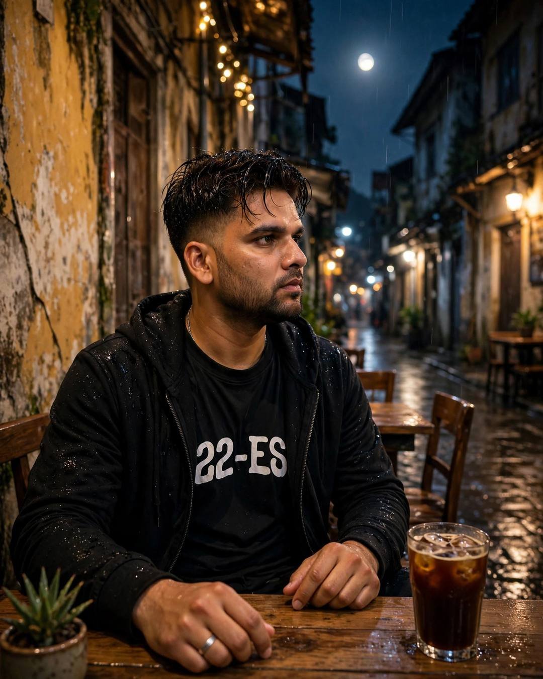 AI portrait of a young Indian man in black streetwear sitting at a cafe table in an old-city lane at night, cold coffee
