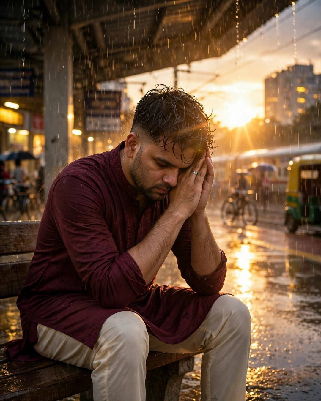 AI portrait of a young Indian man in a maroon kurta sitting on a bench with his head in his hands on a rainy street at night