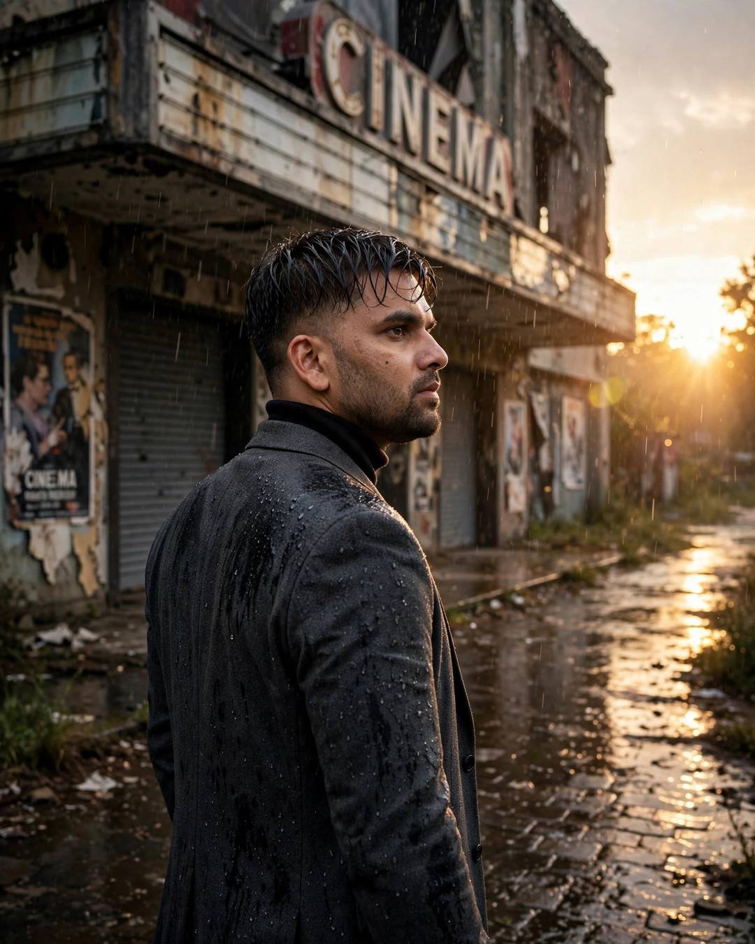 AI portrait of a young Indian man in a charcoal blazer walking away from an abandoned cinema in the rain, looking over his shoulder