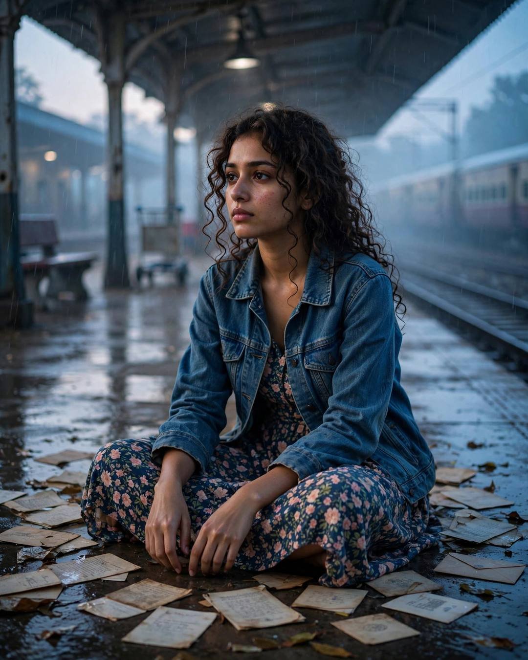 AI portrait of a young Indian woman in a denim jacket sitting cross-legged among old letters on a rainy railway platform at dawn