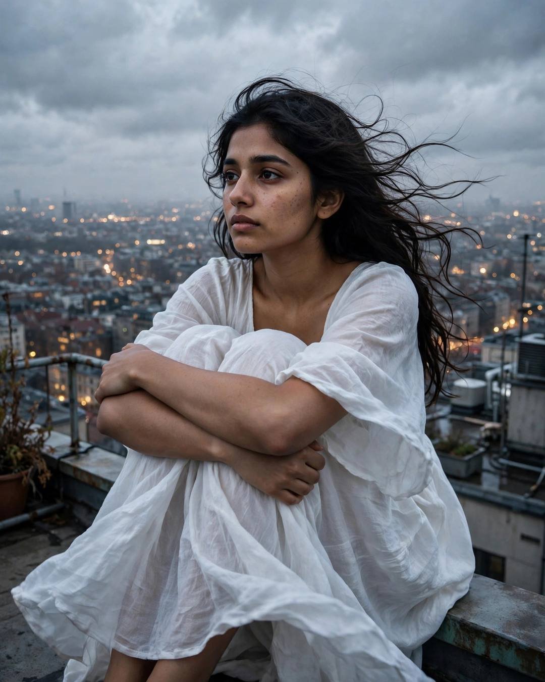 AI portrait of a young Indian woman in a flowing white summer dress sitting on a rooftop overlooking city lights, hair in the breeze
