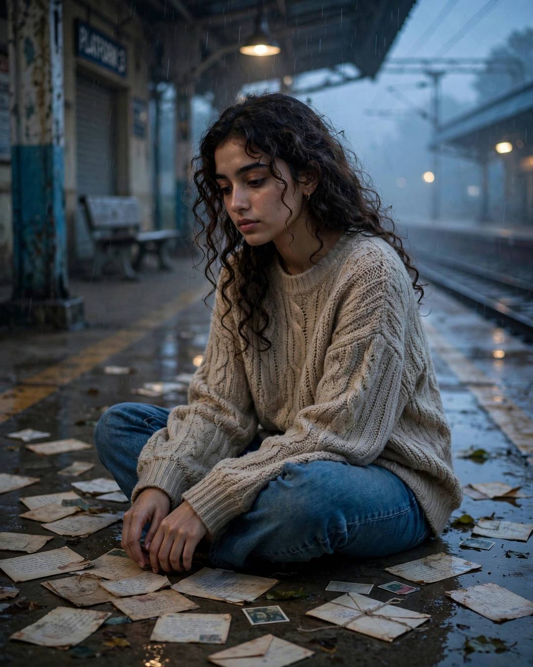 AI portrait of a young Indian woman in an oversized beige sweater sitting cross-legged among old letters on a rainy platform