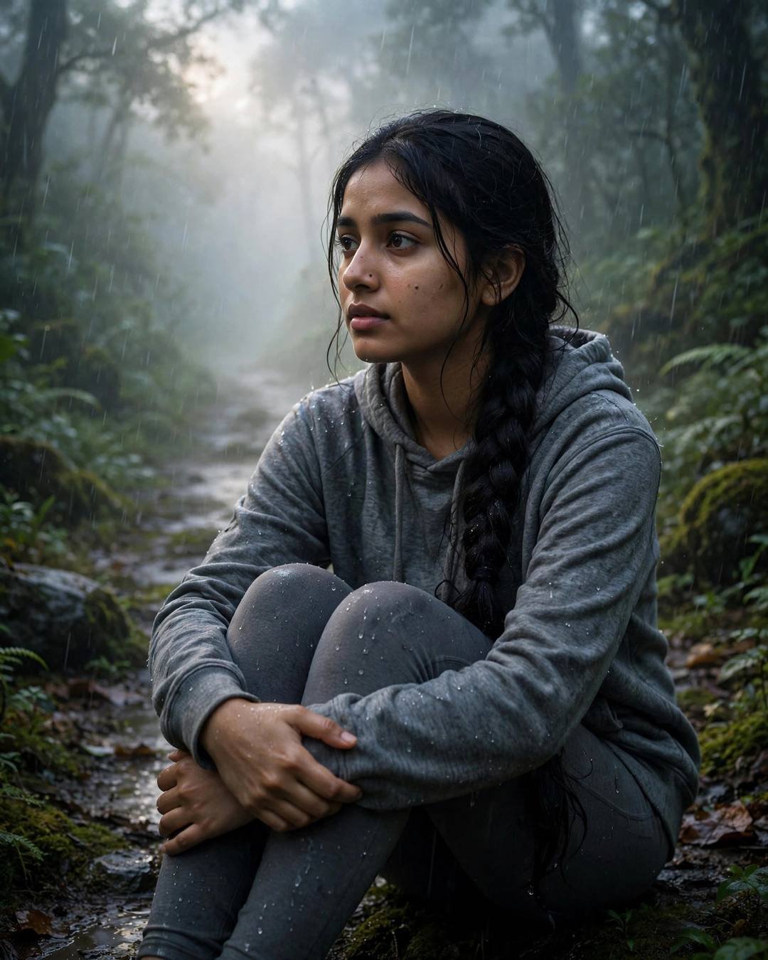 AI portrait of a young Indian woman in a grey hoodie sitting with knees drawn up on a misty forest path in monsoon rain