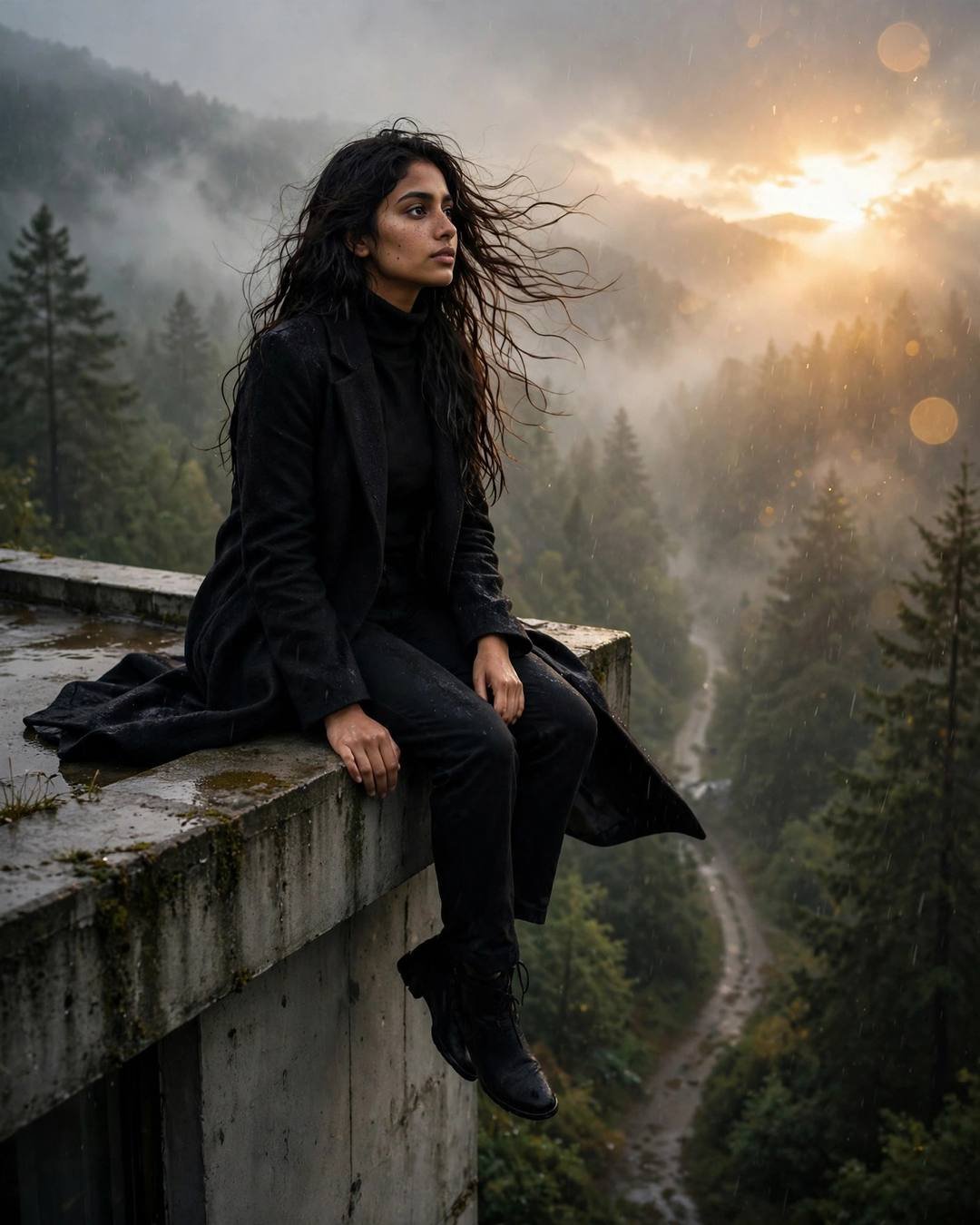 AI portrait of a young Indian woman in a black turtleneck and coat sitting on a rooftop ledge with legs dangling above a misty forest