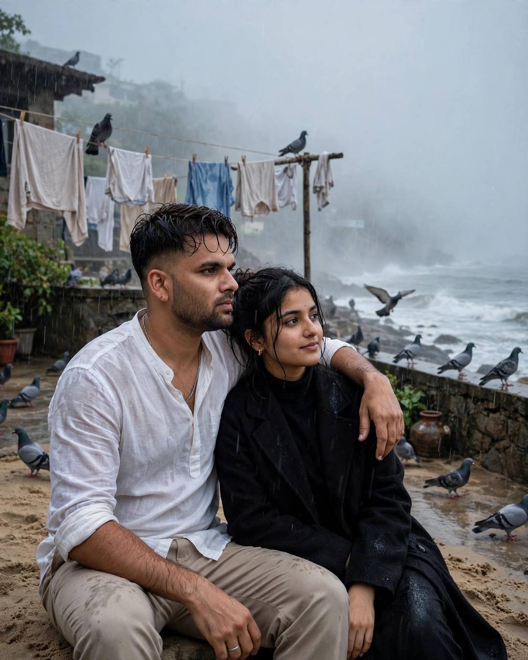 Couple: morning fog parting to reveal them standing, Nature Couple AI portrait