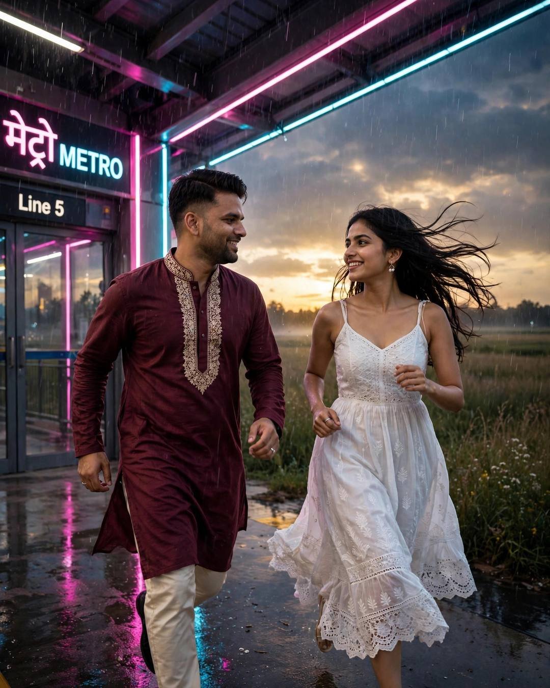 Couple: both barefoot in a sparkling cold mountain, Nature Couple AI portrait