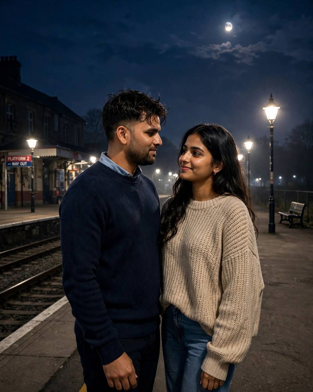 Young Indian couple slow dancing on an empty street at night, man in navy sweater, woman in beige sweater, moonlight and streetlamps