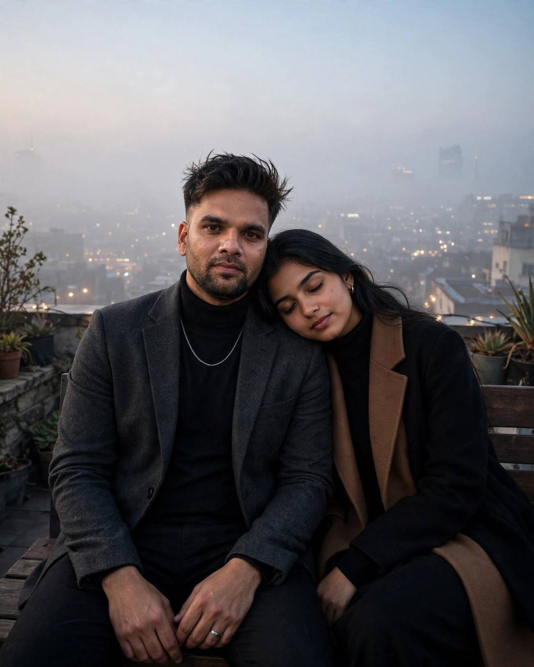 Young Indian couple on a rooftop bench at night, man in charcoal blazer, woman in black turtleneck and long coat, foggy city lights below