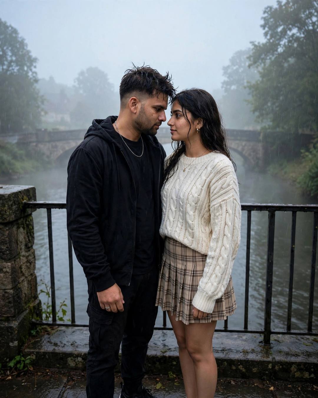Young Indian couple face to face on a foggy bridge at dusk, man in black streetwear, woman in cream knit top and plaid skirt