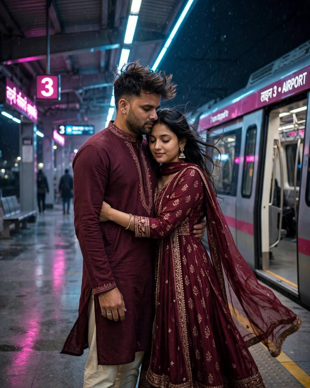 Young Indian couple embracing at a midnight metro station, man in maroon kurta, woman in maroon anarkali with jhumkas, neon pink and cyan light