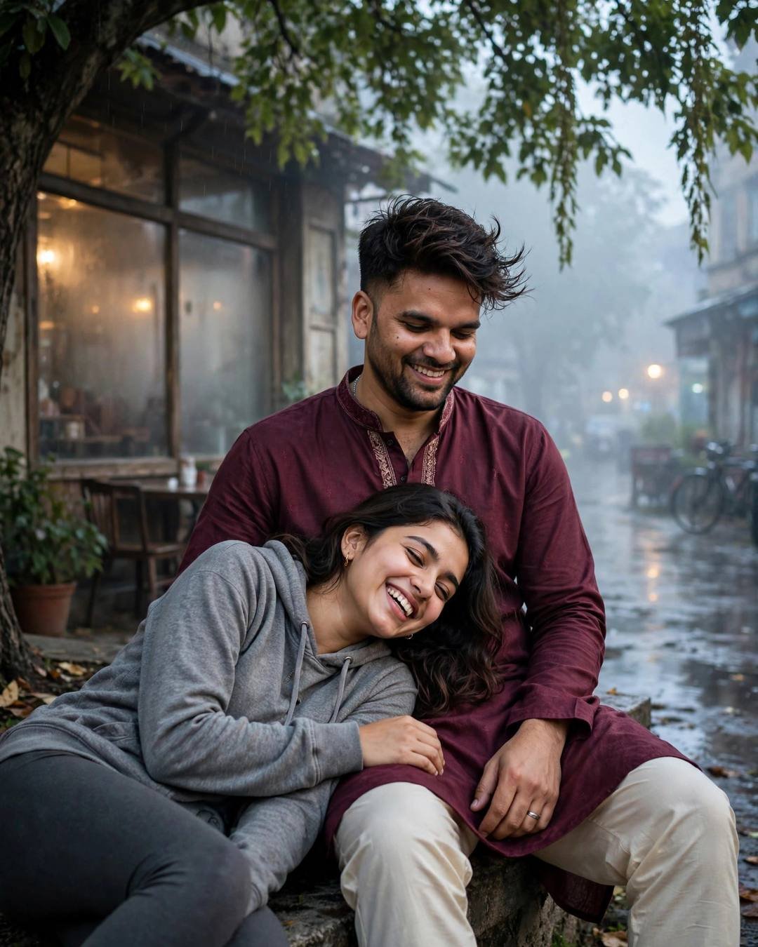 Young Indian couple laughing under a tree outside an old cafe at blue hour, man in maroon kurta, woman in grey hoodie and leggings, wet street