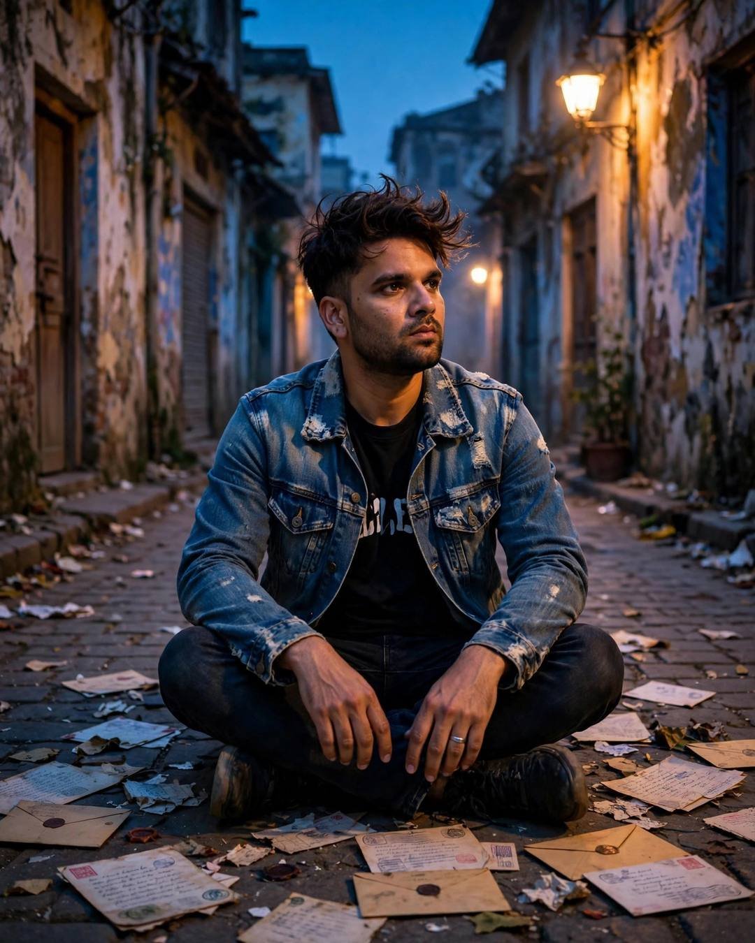 Young Indian man sitting cross-legged on the floor surrounded by old letters at the narrow old-city lane with peeling walls, clear cold night