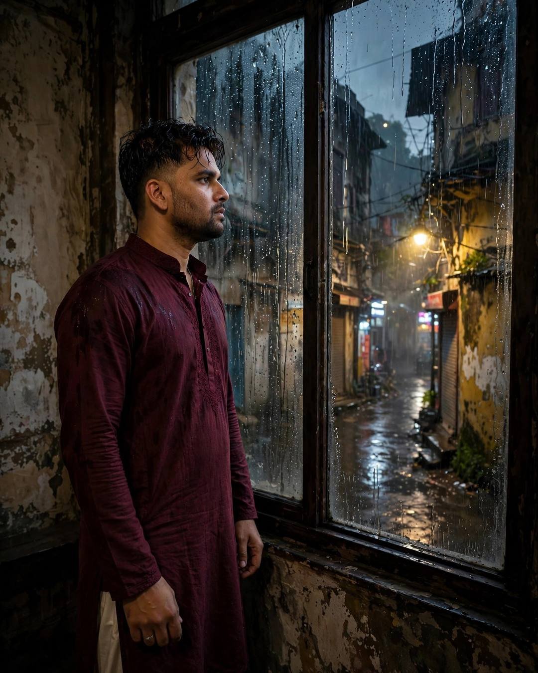 Young Indian man standing at a rain-streaked window, one hand on the glass at the narrow old-city lane with peeling walls, overcast gloom