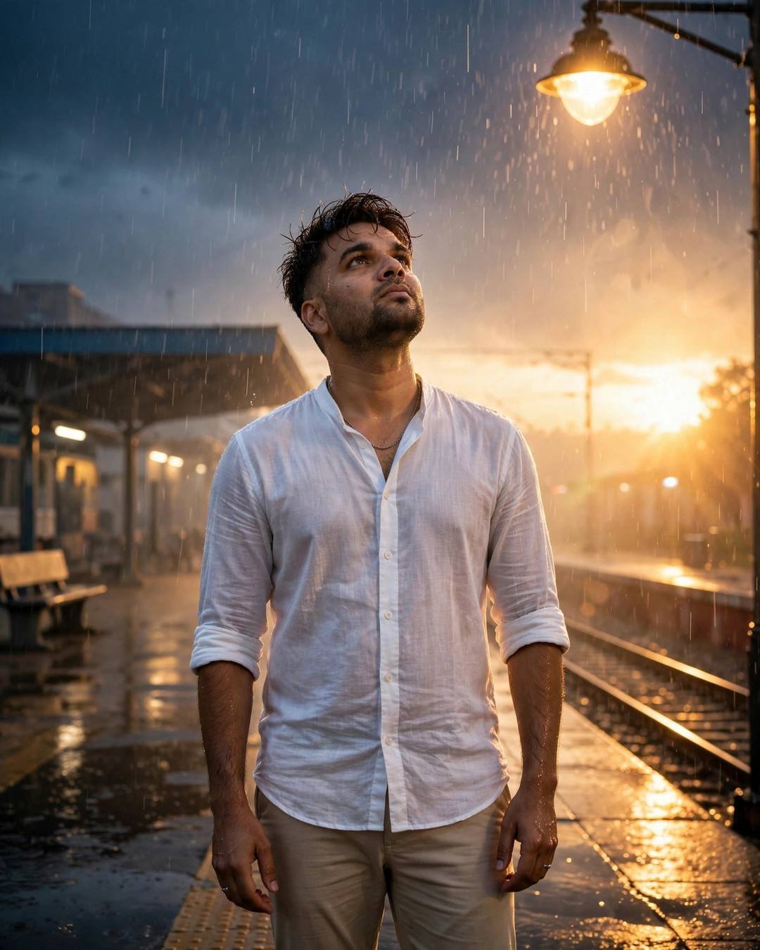 Young Indian man standing under a streetlamp in the rain, face lifted to the sky at the empty railway platform at night, drizzle