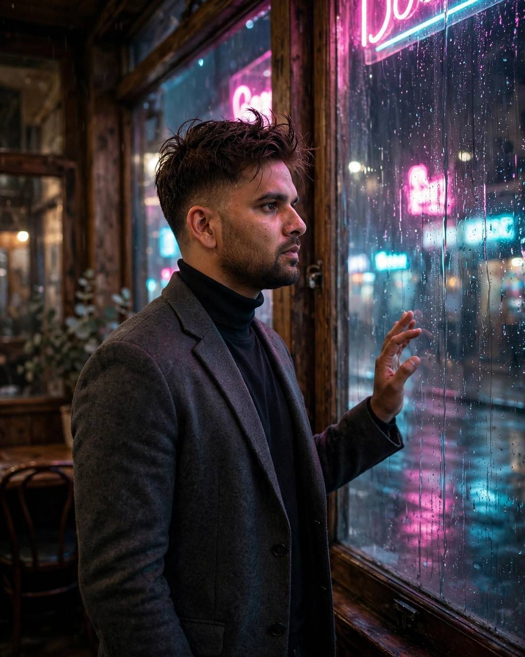 Young Indian man standing at a rain-streaked window, one hand on the glass at the old cafe by a fogged window, clear cold night