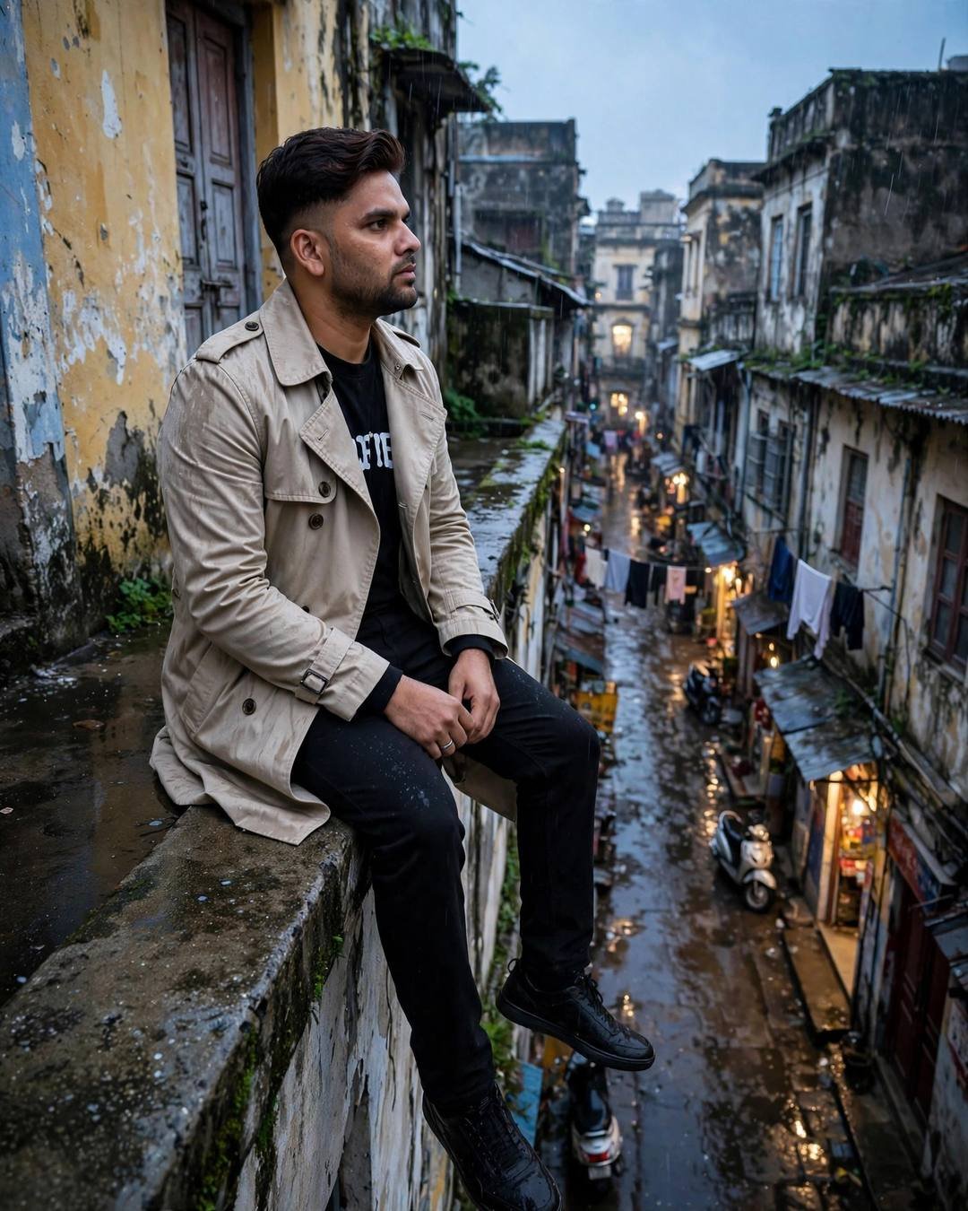 Young Indian man sitting on a rooftop ledge, legs dangling over the edge at the narrow old-city lane with peeling walls, drizzle