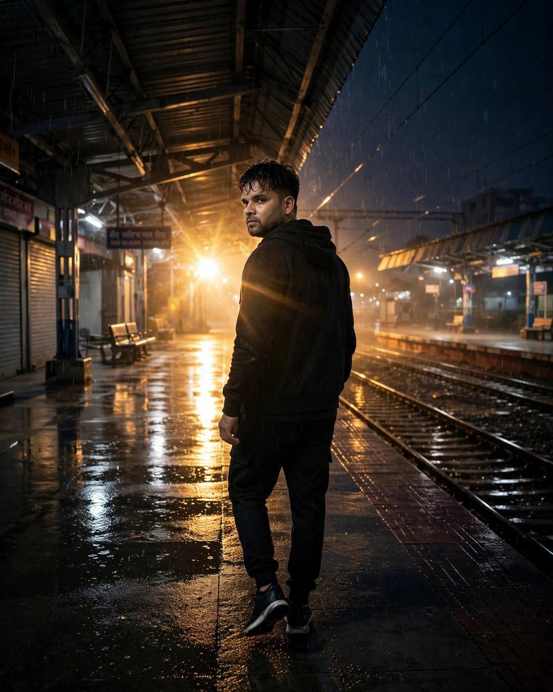 Man: rain slanting sharply through a broken platform, Railway Station AI portrait