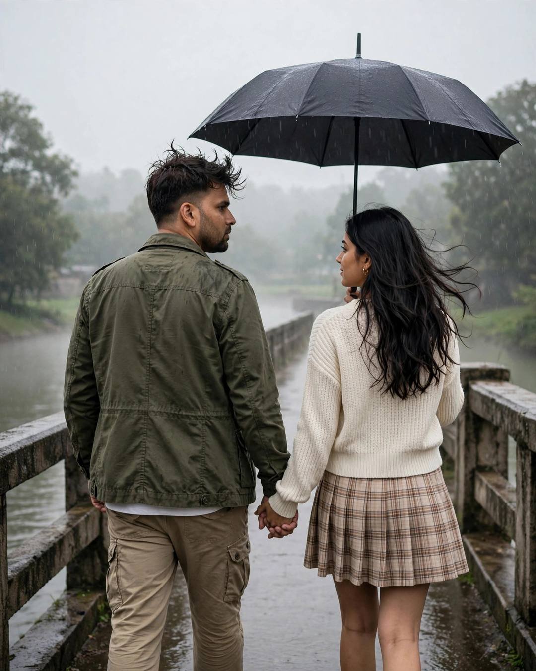 AI couple photo: man in olive field jacket and woman in cream knit top walking hand in hand with one umbrella on a misty river bridge in drizzle