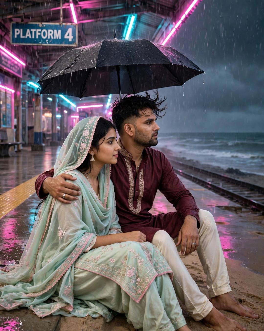 AI couple photo: man in maroon kurta with arm around woman in pastel salwar-kameez under one umbrella on neon-lit rainy Platform 4