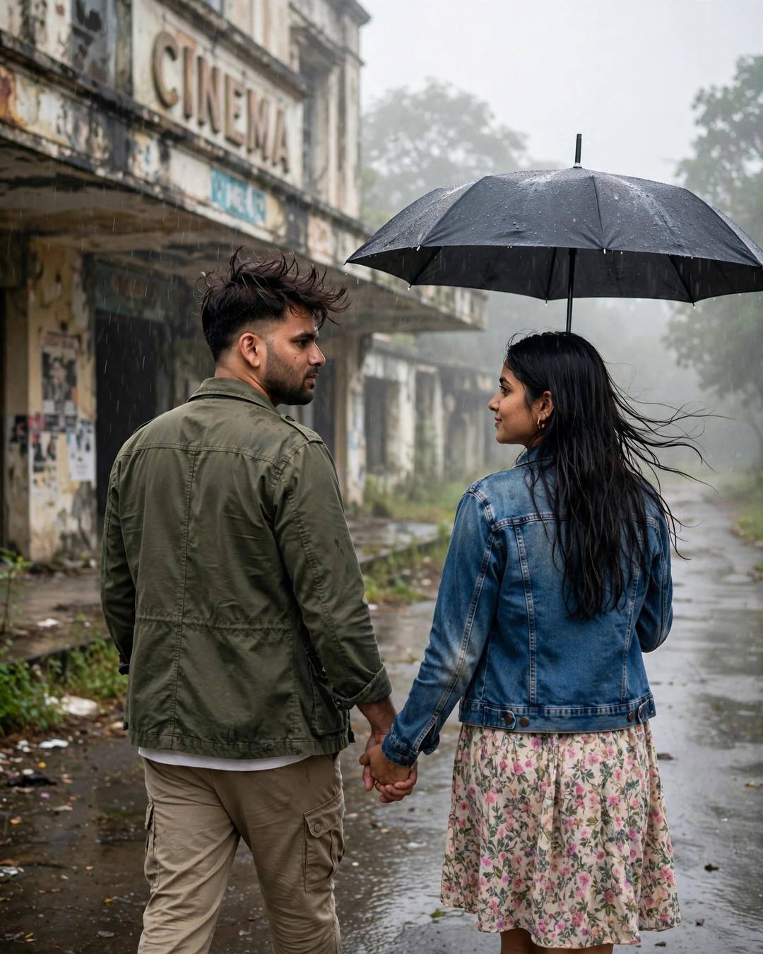 AI couple photo: man in olive field jacket and woman in denim jacket over floral dress walking hand in hand past an abandoned cinema in fog
