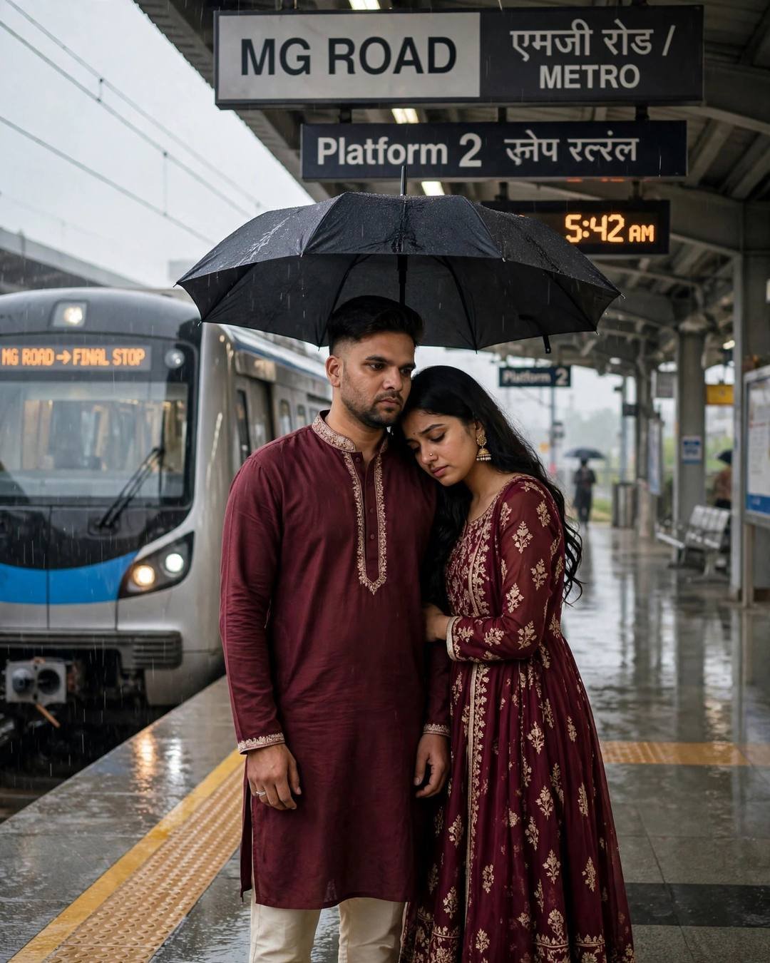 AI couple photo: man in maroon kurta and woman in maroon anarkali sharing one umbrella in a last hug on a rainy metro platform