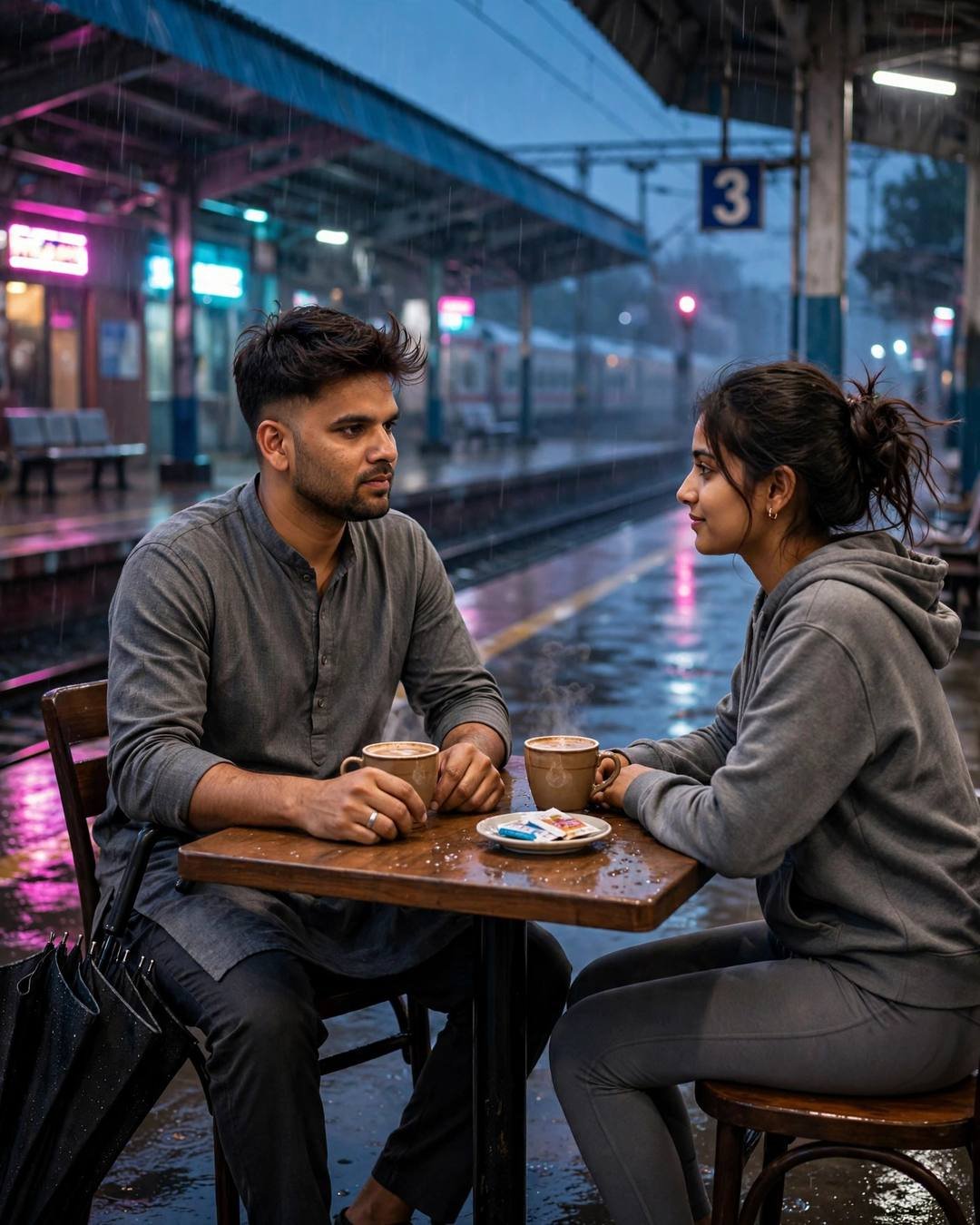 AI couple photo: man in grey kurta and woman in grey hoodie at a small cafe table with steaming cups on a neon-lit rainy platform