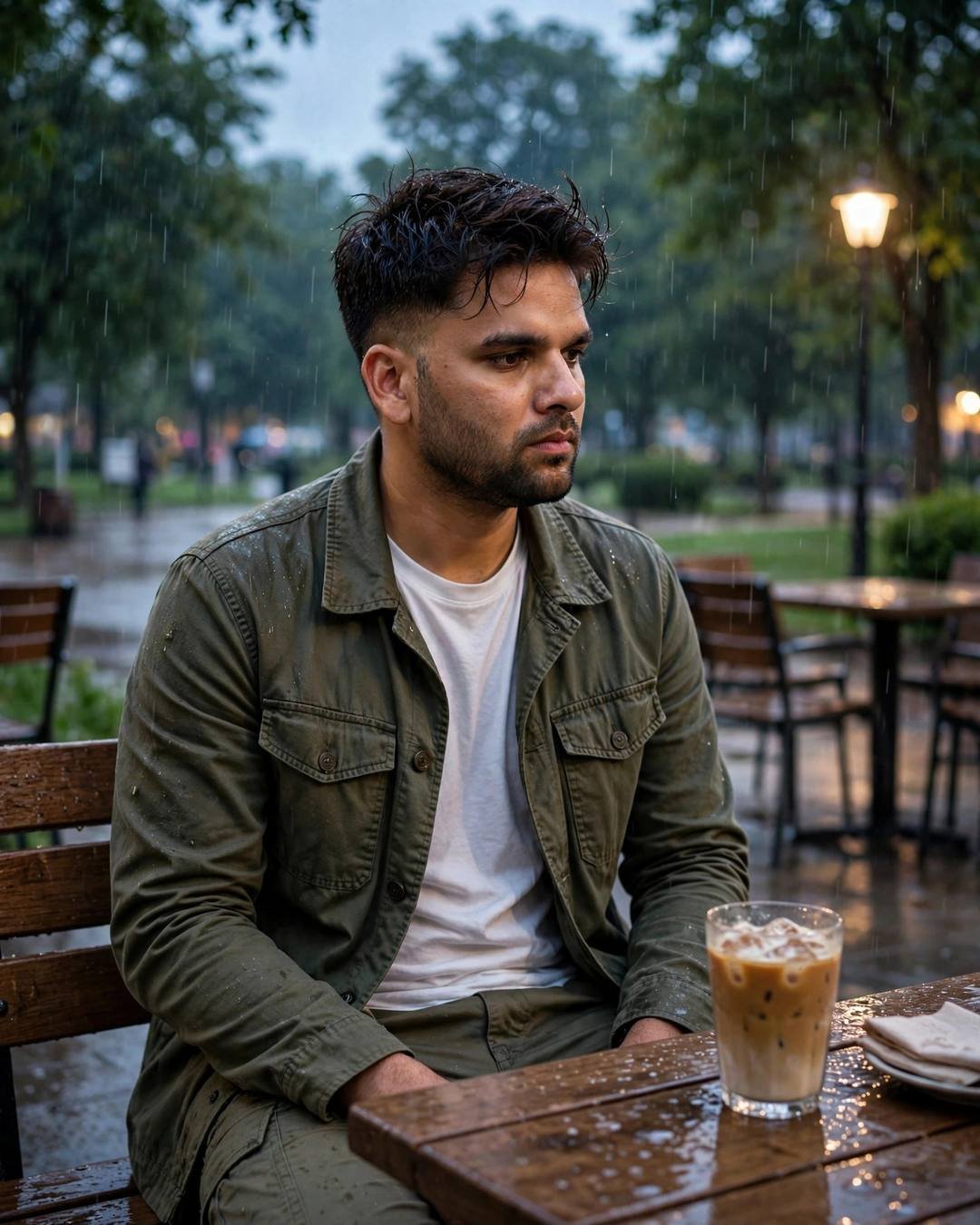 Young Indian man in olive field jacket sitting with iced coffee at a rain-wet cafe table in a park