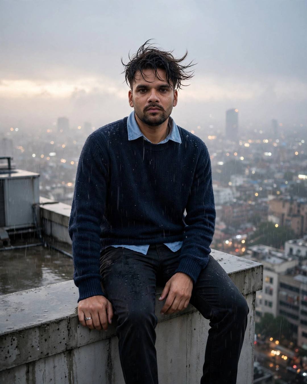 Young Indian man in navy sweater sitting on a rooftop ledge above a foggy city at night