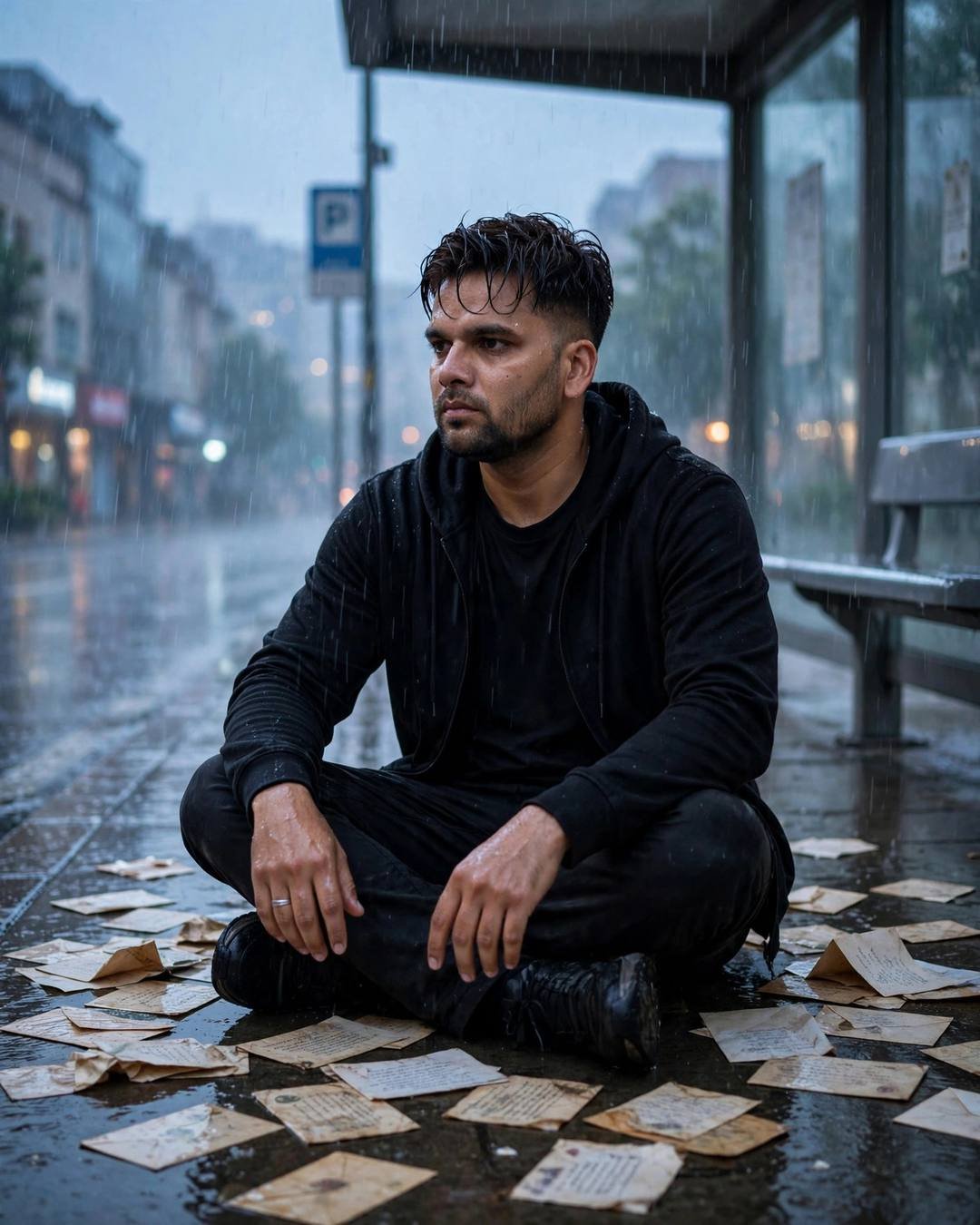 Young Indian man in black streetwear sitting cross-legged among old letters at a rainy bus stop
