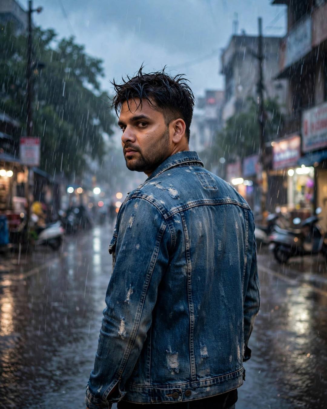Young Indian man in denim jacket looking over his shoulder in heavy monsoon rain on a city street